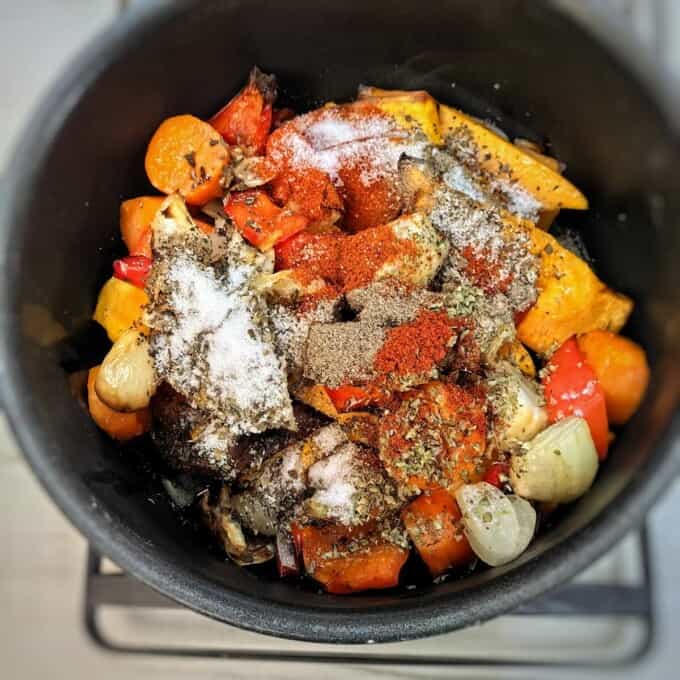roasted vegetables with spices and seasonings in a pot