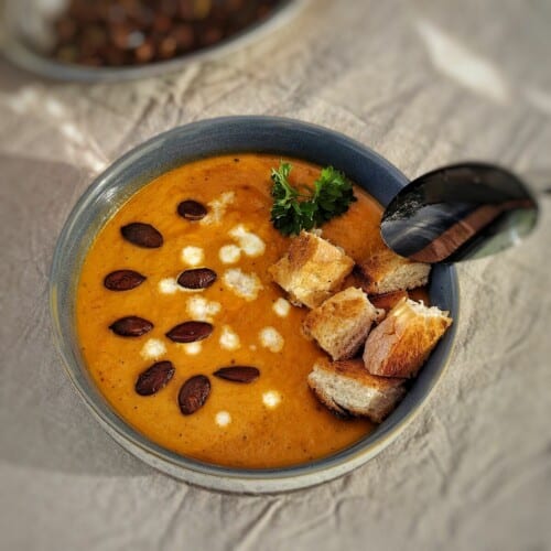 bowl of air fryer pumpkin cream soup