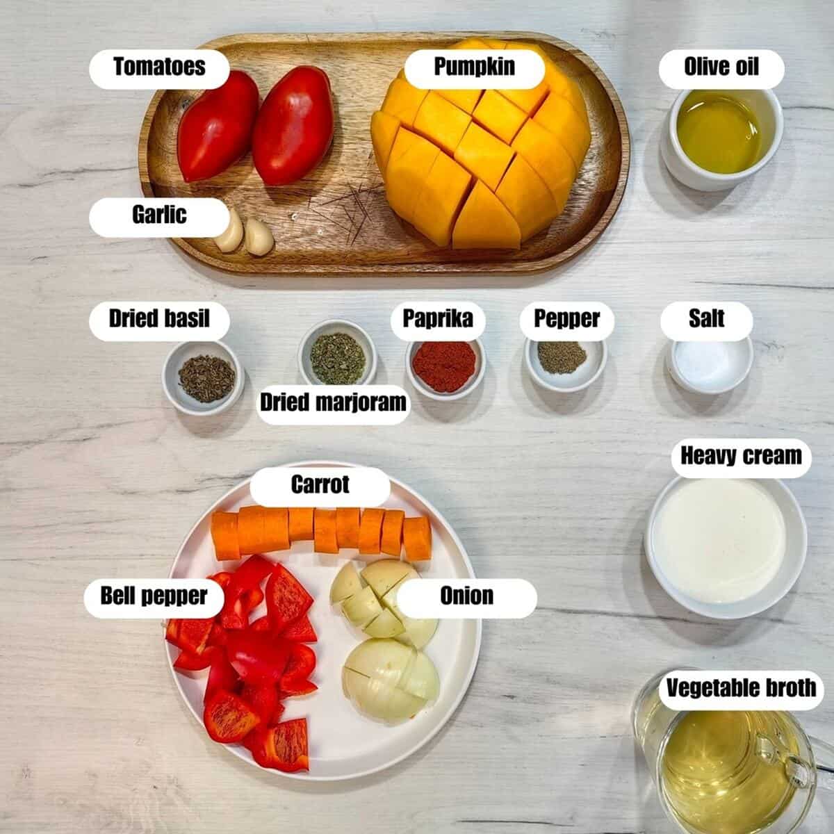 flat lay of ingredients of pumpkin cream soup