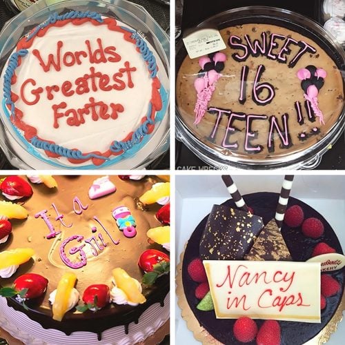 A photo collage of funny cake fails including a Father's Day cake reading "Worlds Greatest Farter", a repetitive "Sweet 16 Teen!!" cake, a baby shower cake spelling "It a Gril!", and a birthday cake literally writing "Nancy in Caps".