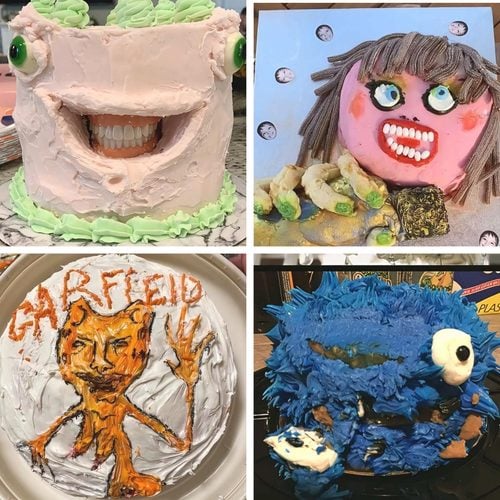 Photo grid collage showcasing four hilarious funny cake fails, including a pink frog cake with teeth, a Taylor Swift portrait fail, a scary Garfield cake, and a melted Cookie Monster cake.