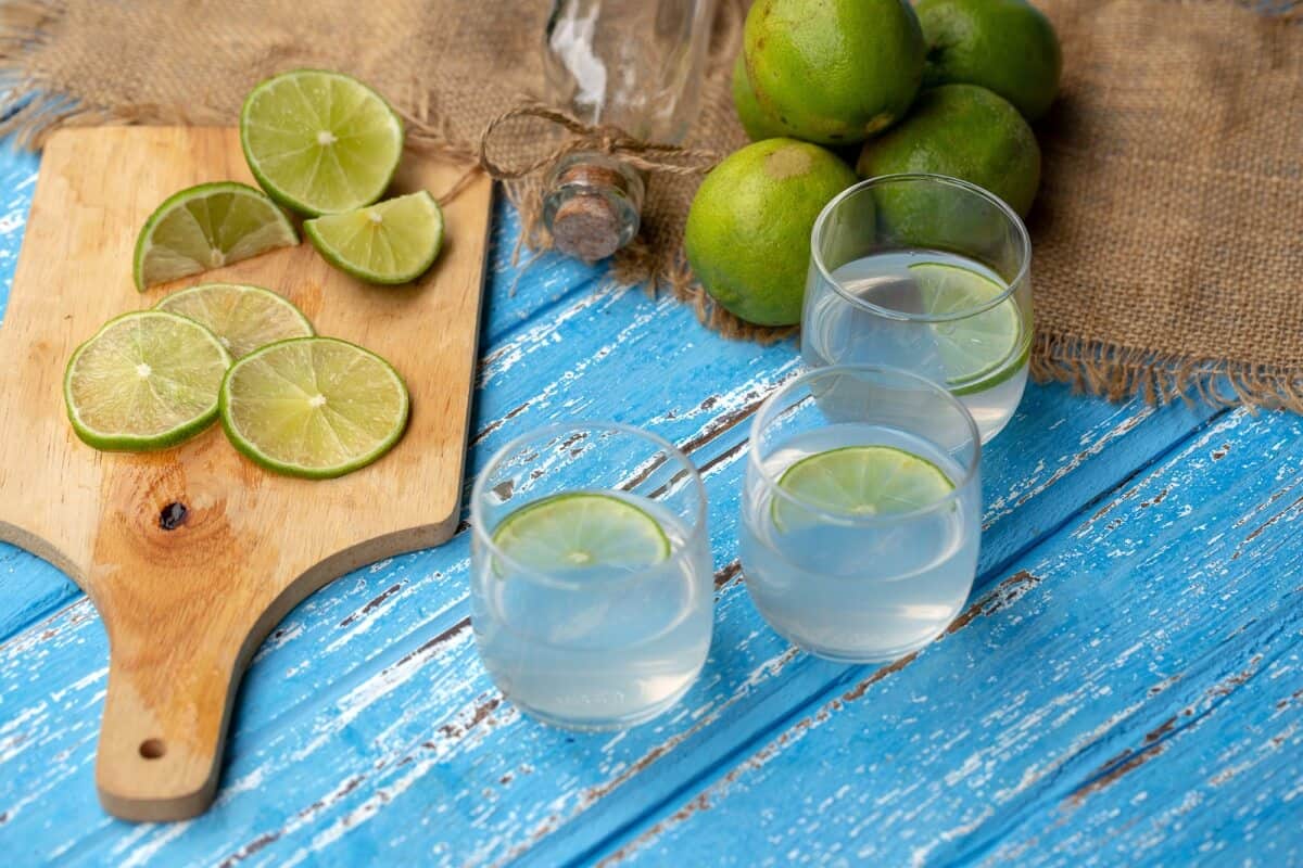 lime juice and lime on a blue wooden table