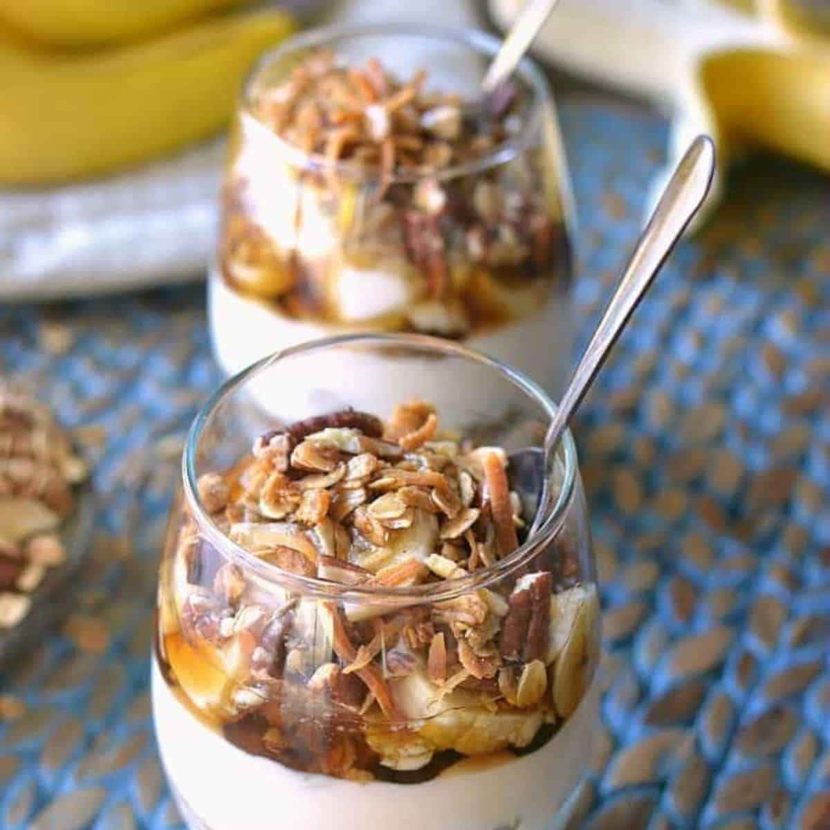 The perfect morning snack featuring a banana maple yogurt parfait. 