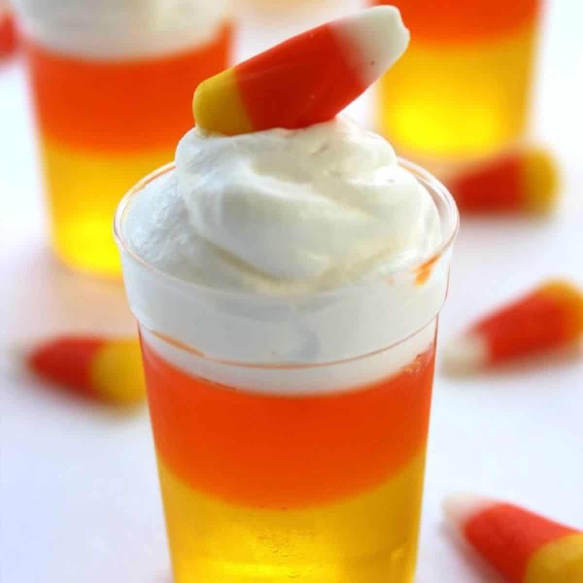 A delicious fall snack featuring candy corn jello. 