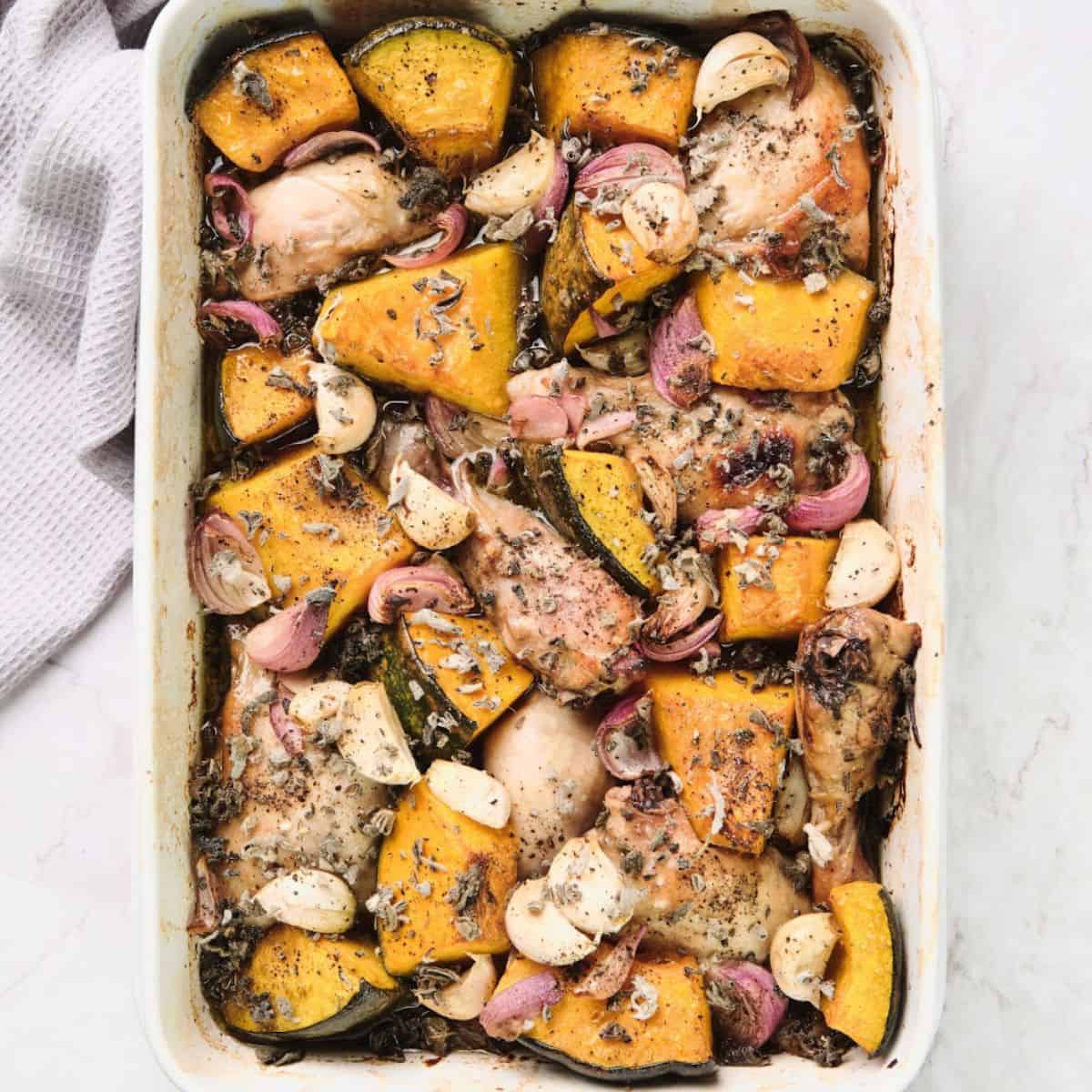 Satisfy your taste buds with chicken pumpkin bake with sage and red onions.