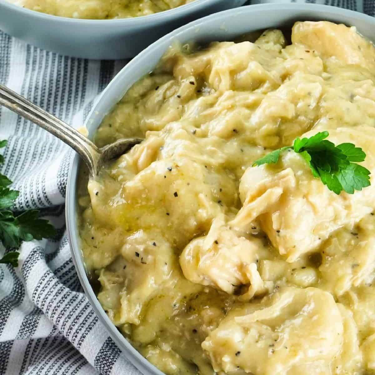 Chicken with added dumplings and parsley as a garnish