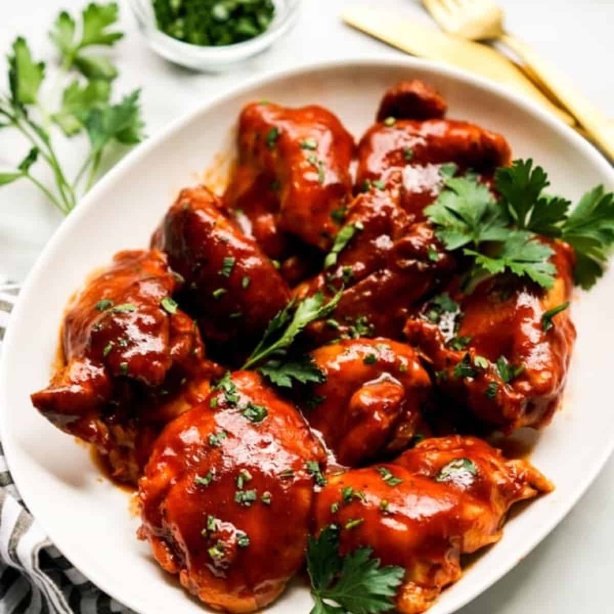 A yummy meal with slow cooker BBQ chicken thighs. 