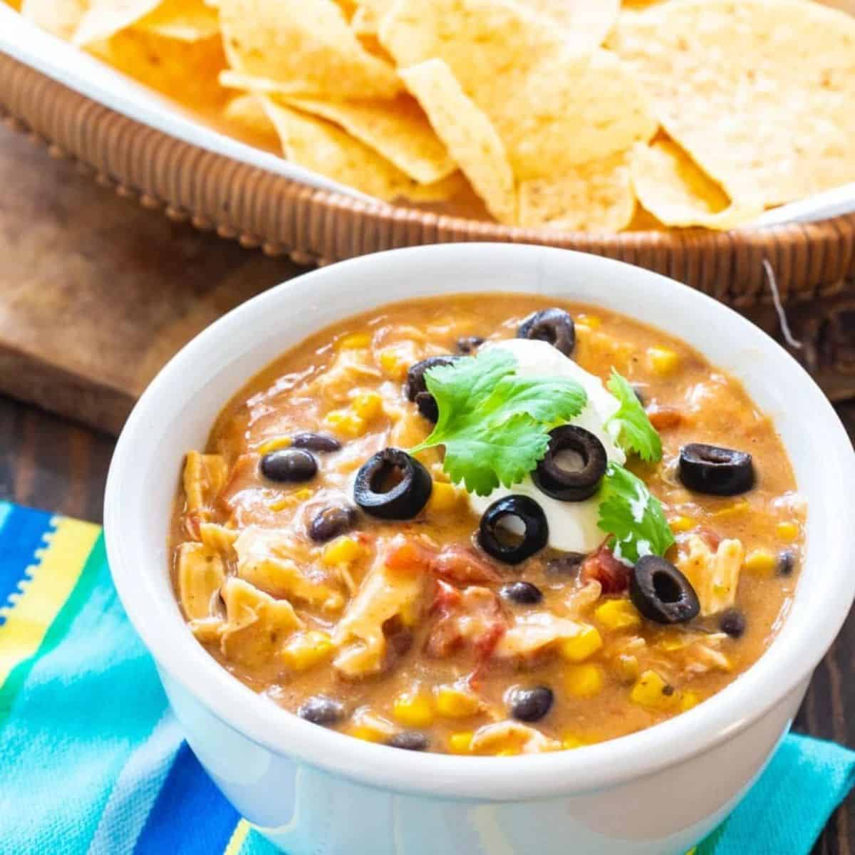A warm and yummy slow cooker chicken tortilla soup.