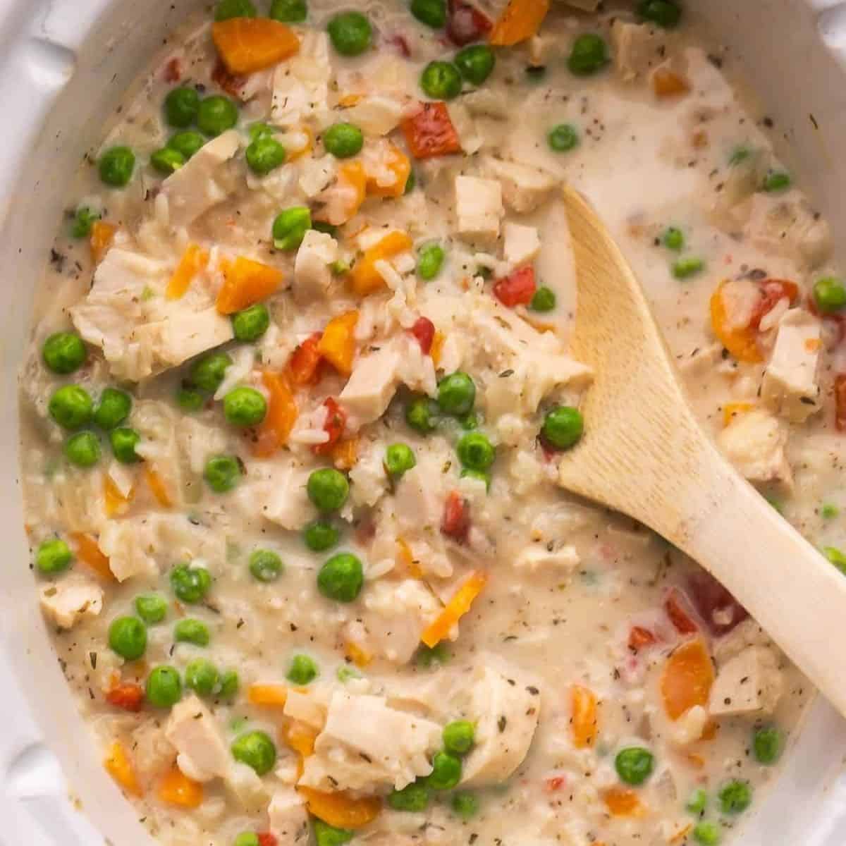An appealing dish featuring slow cooker chicken and rice. 