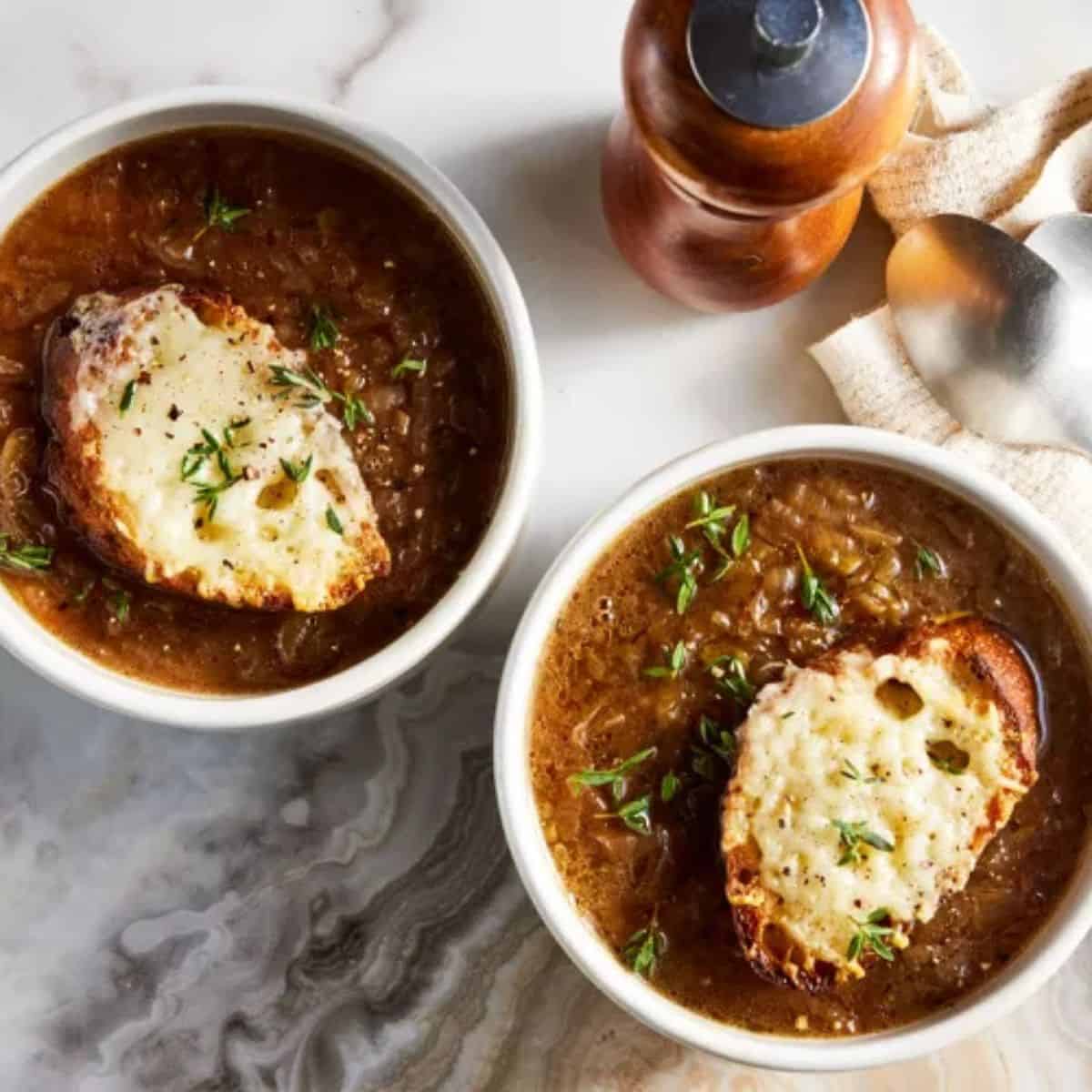 French Onion soup with bread as a topping
