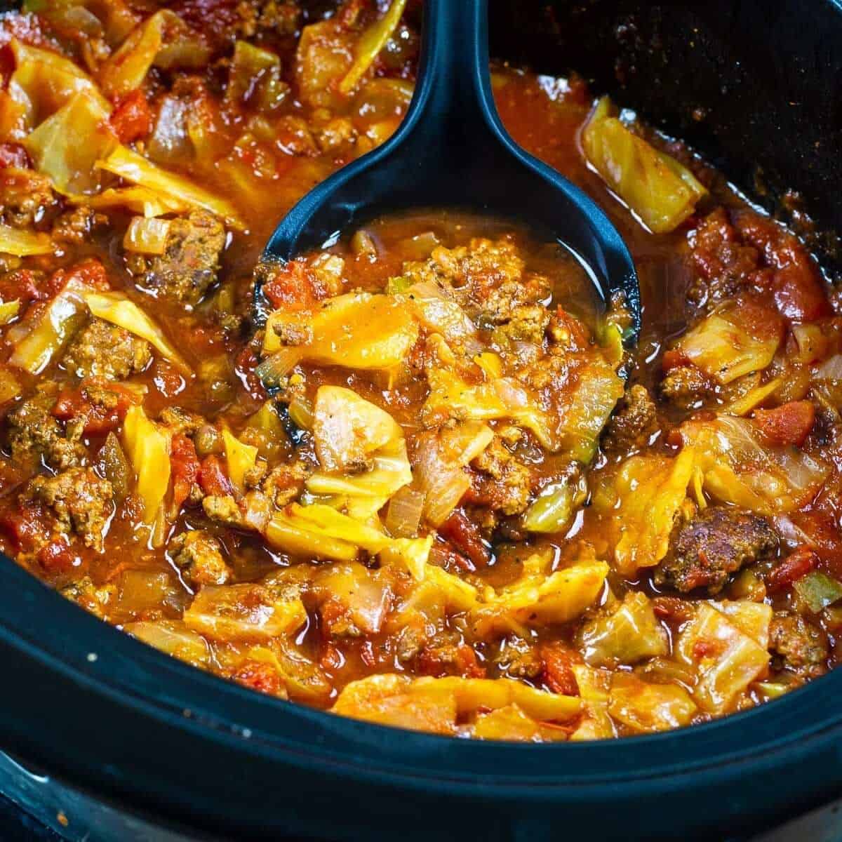 A yummy treat with a slow cooker spicy cabbage beef soup.
