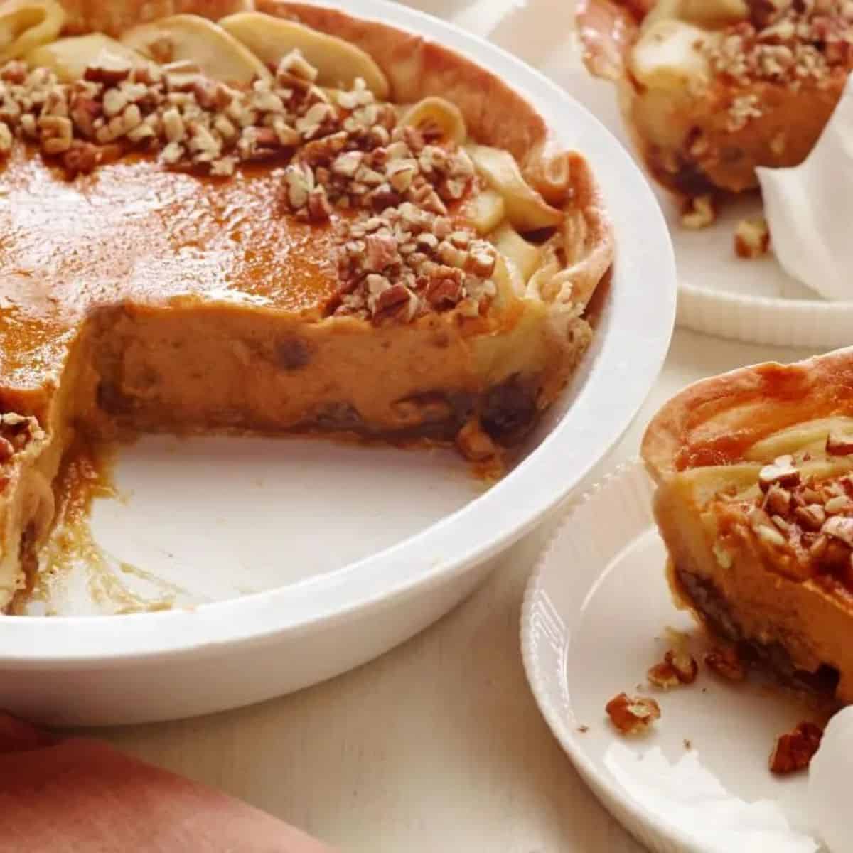 A soft and moist treat featuring apple pumpkin pecan pie.