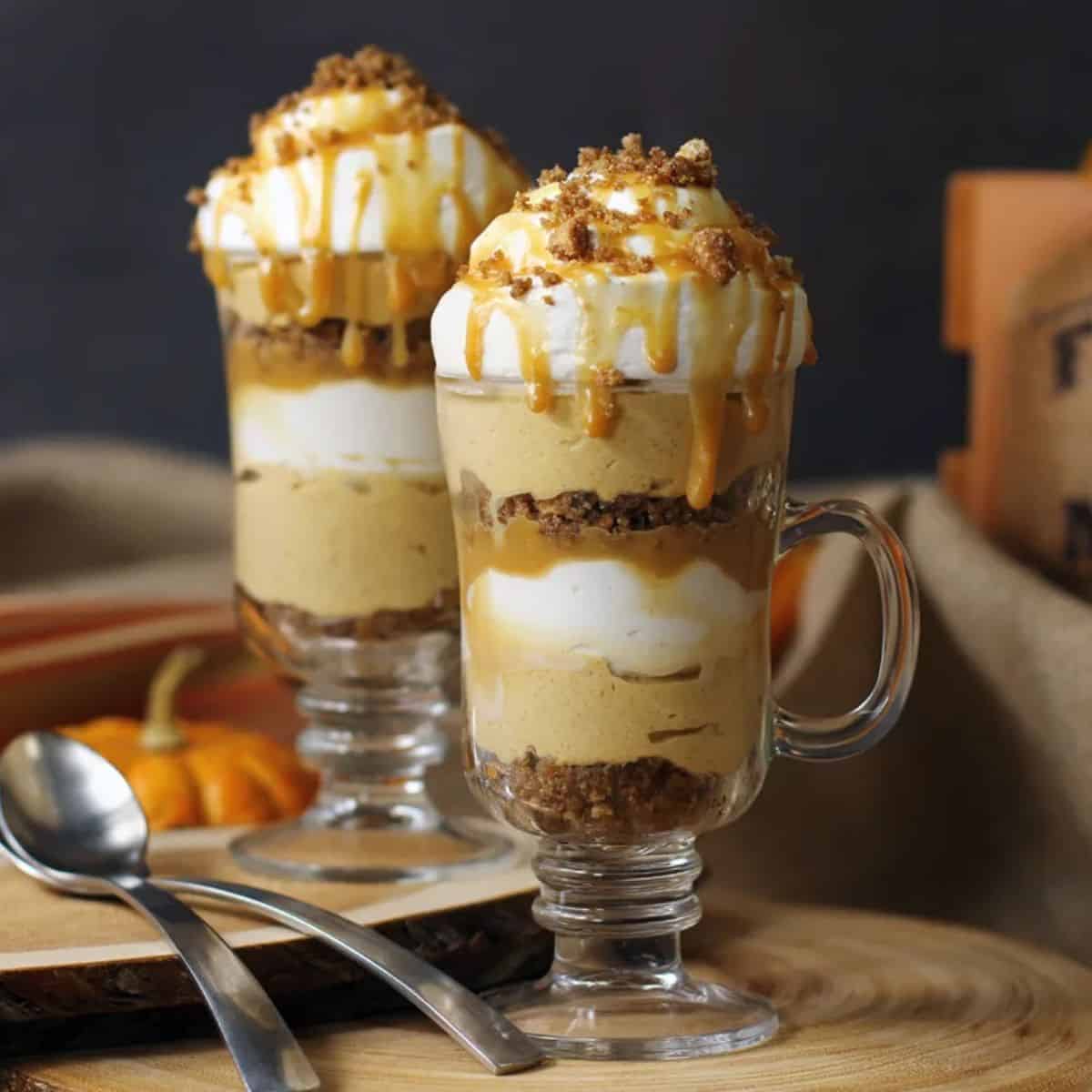 A yummy and delicious treat featuring caramel spiced pumpkin parfaits.