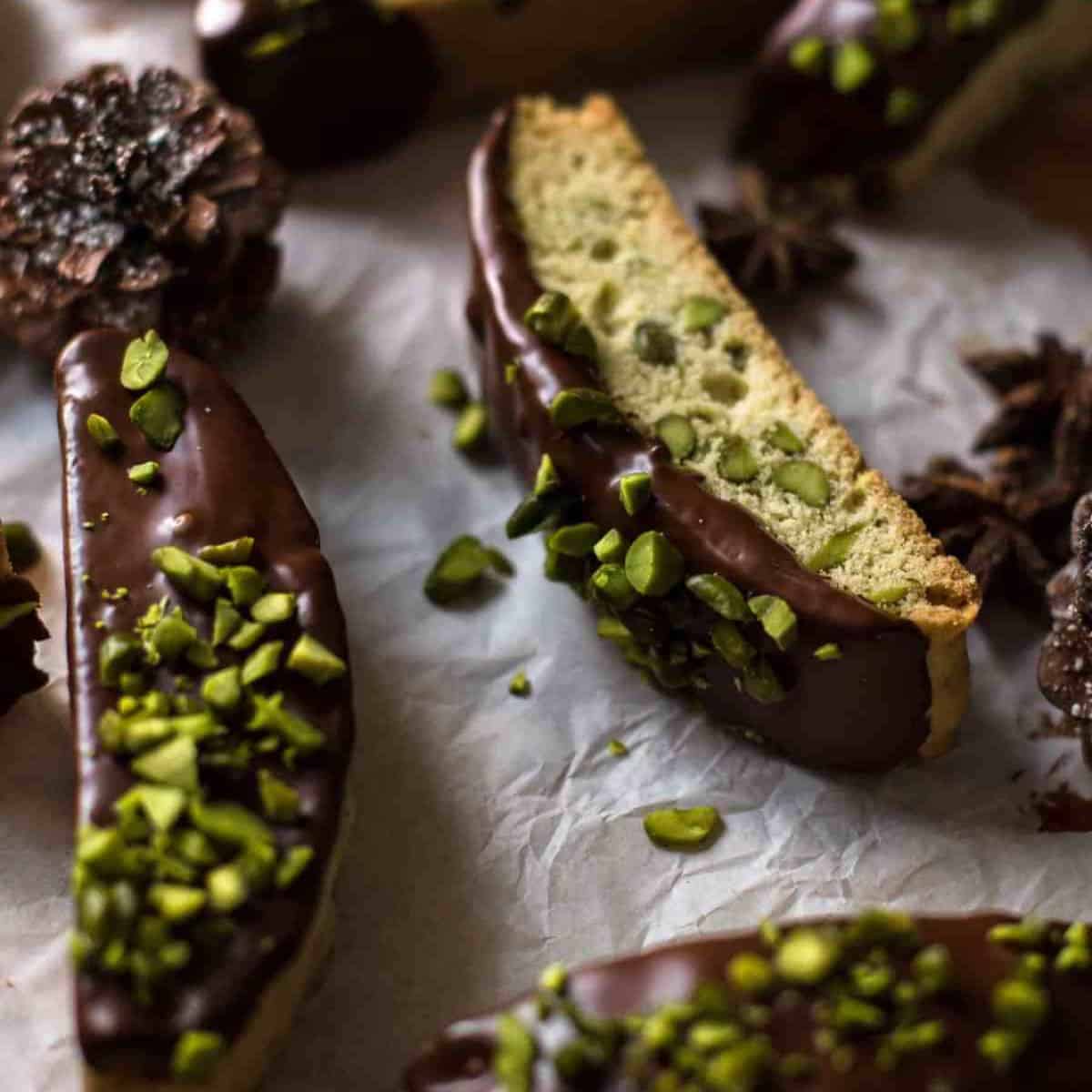 A yummy delight with chocolate pistachio biscotti cookies.
