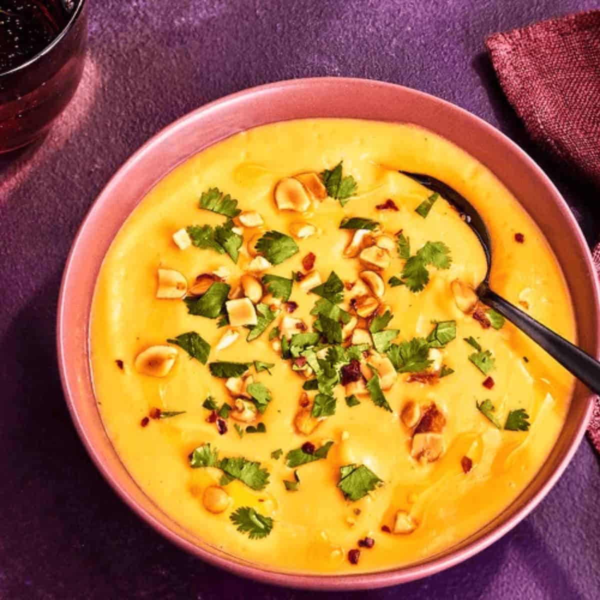 A delicious soup featuring curried butternut squash. 