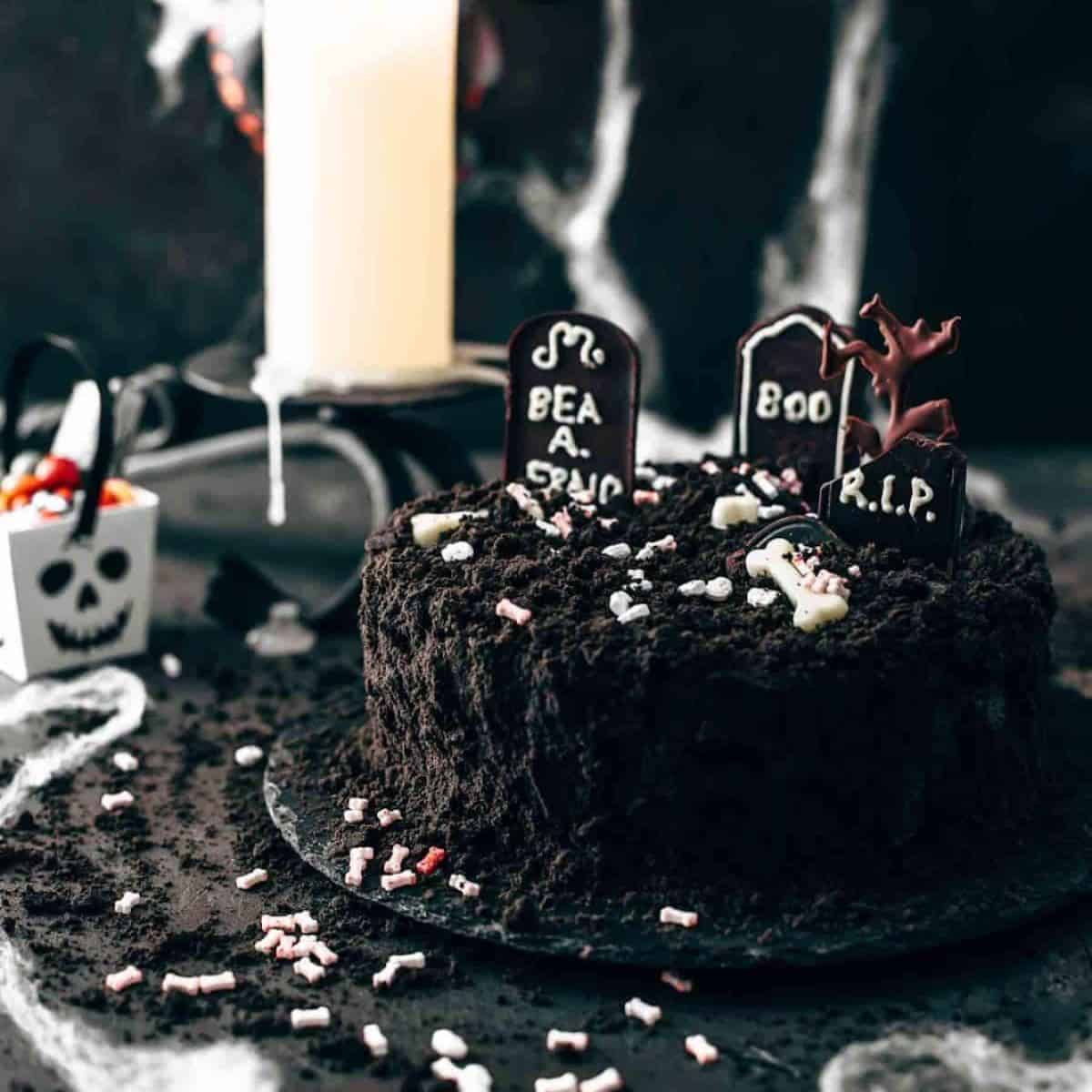 A delicious treat featuring death by chocolate Halloween cake.