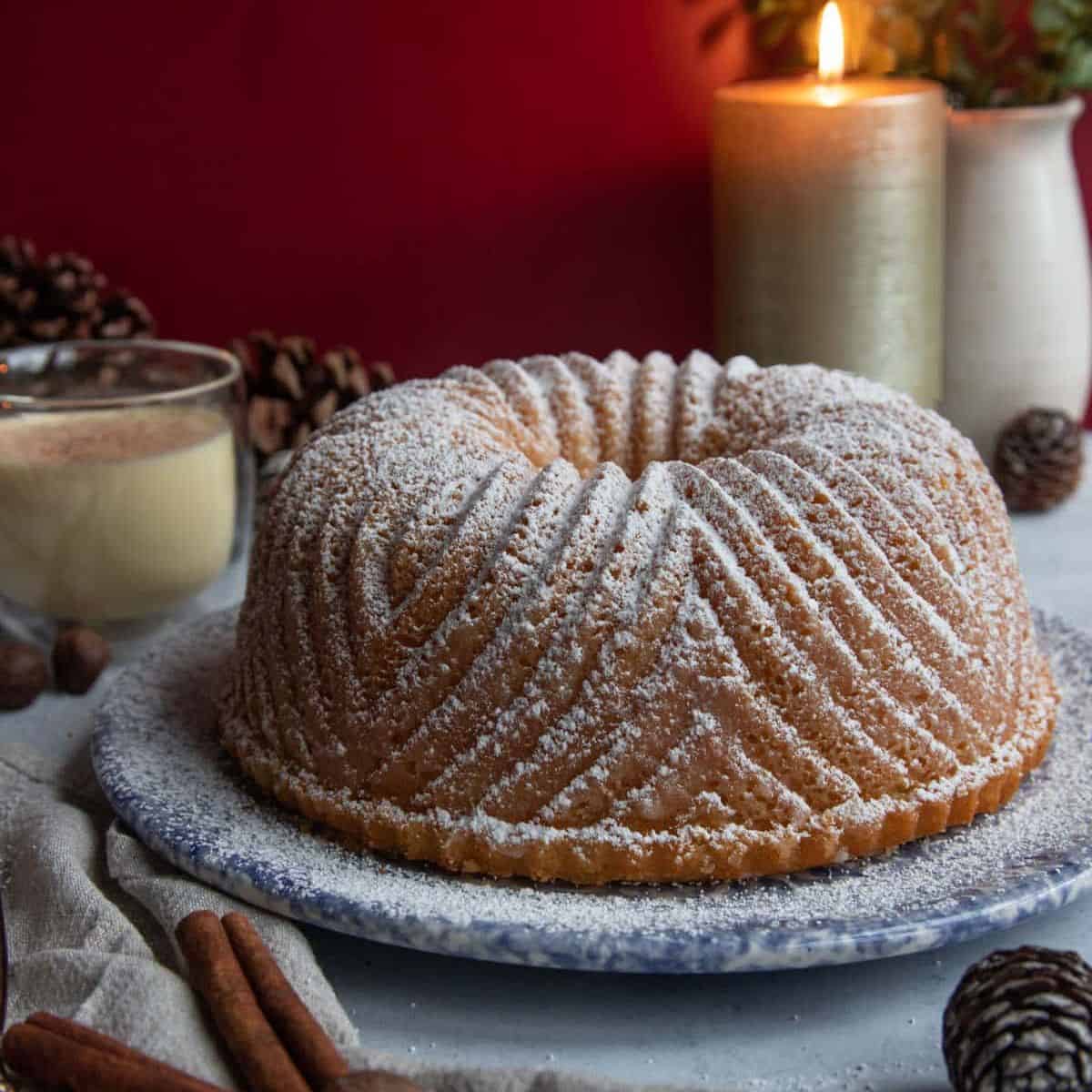 A unique delight featuring eggnog bundt cake. 