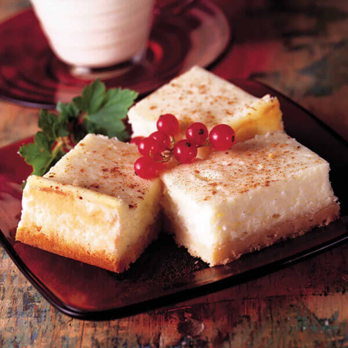 A scrumptious delight featuring eggnog cheesecake bars. 