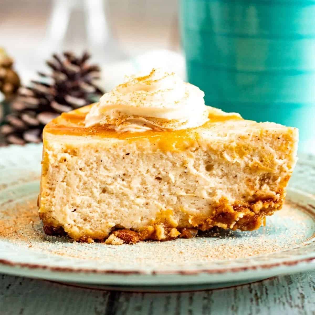 A scrumptious delight featuring eggnog cheesecake with gingerbread crust. 