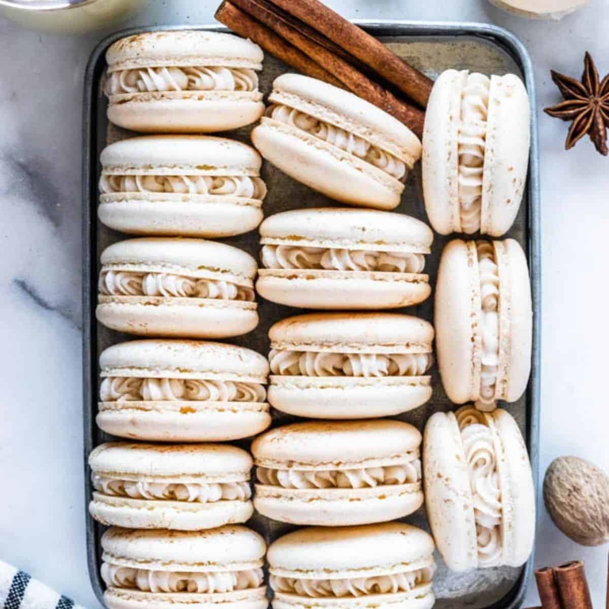 A scrumptious delight featuring eggnog macarons. 