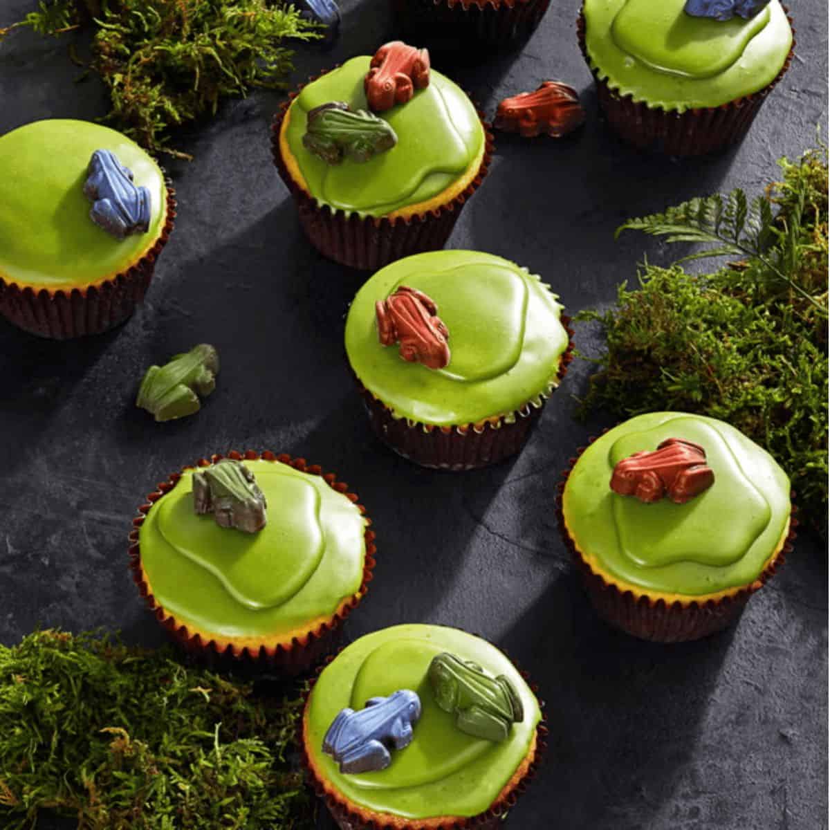 These soft and chewy cupcakes are topped with adorable mini chocolate frogs.