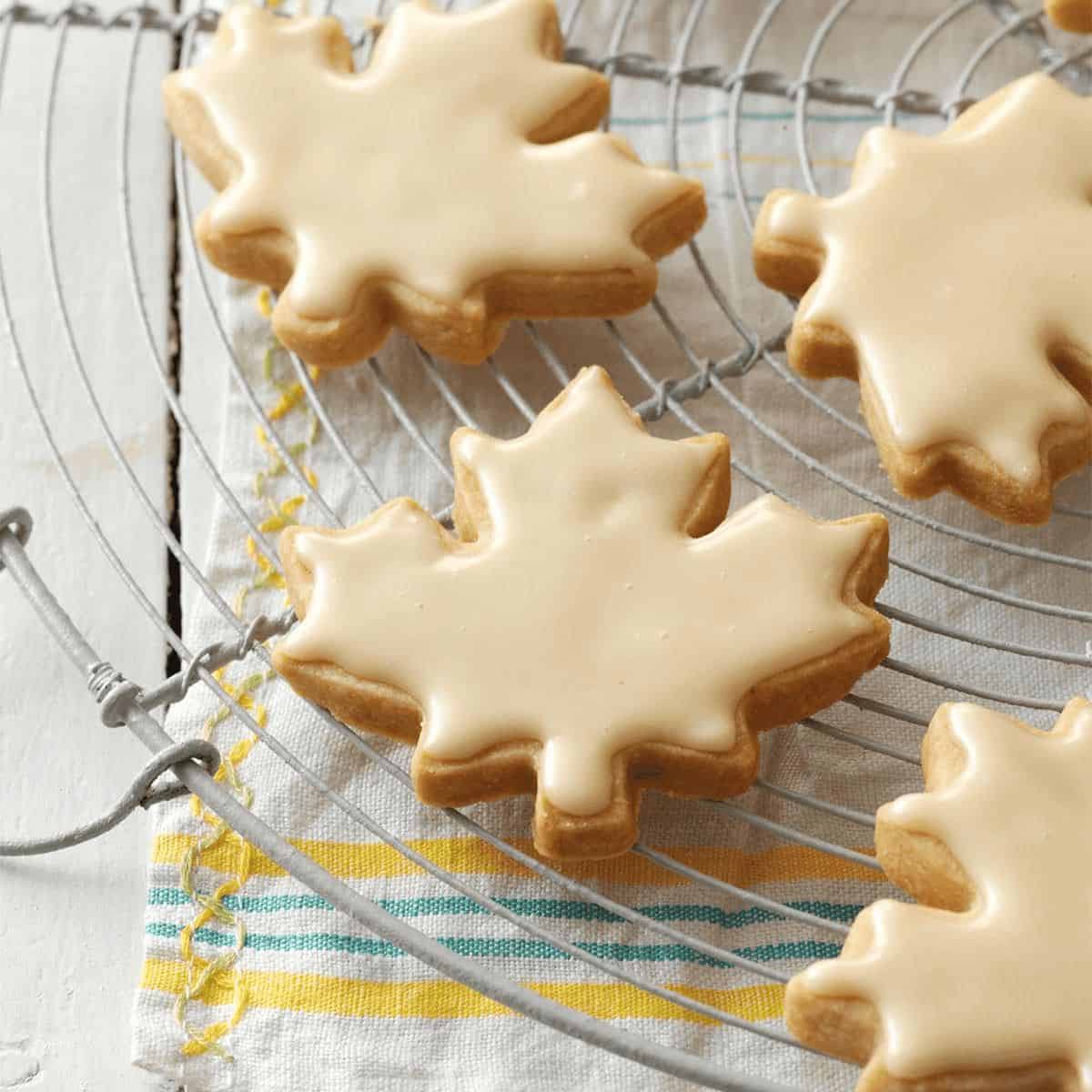 A tray of glazed maple shortbread cookies, drizzled with a shiny maple glaze evoking a warm, autumnal vibe.