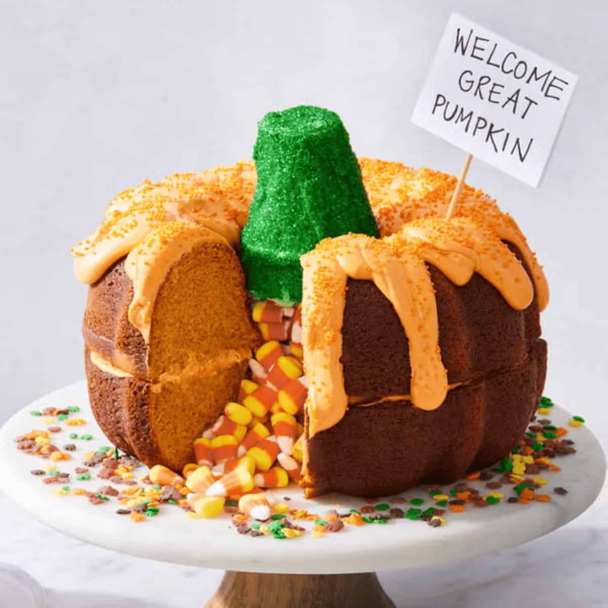 A bundt cake decorated to look like a pumpkin.