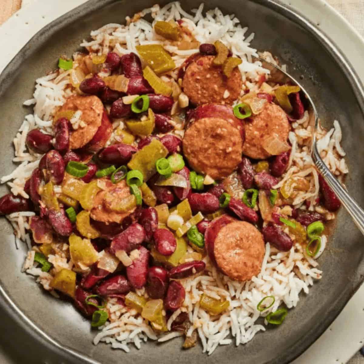 A yummy dinner with slow cooker new Orleans red beans and rice.