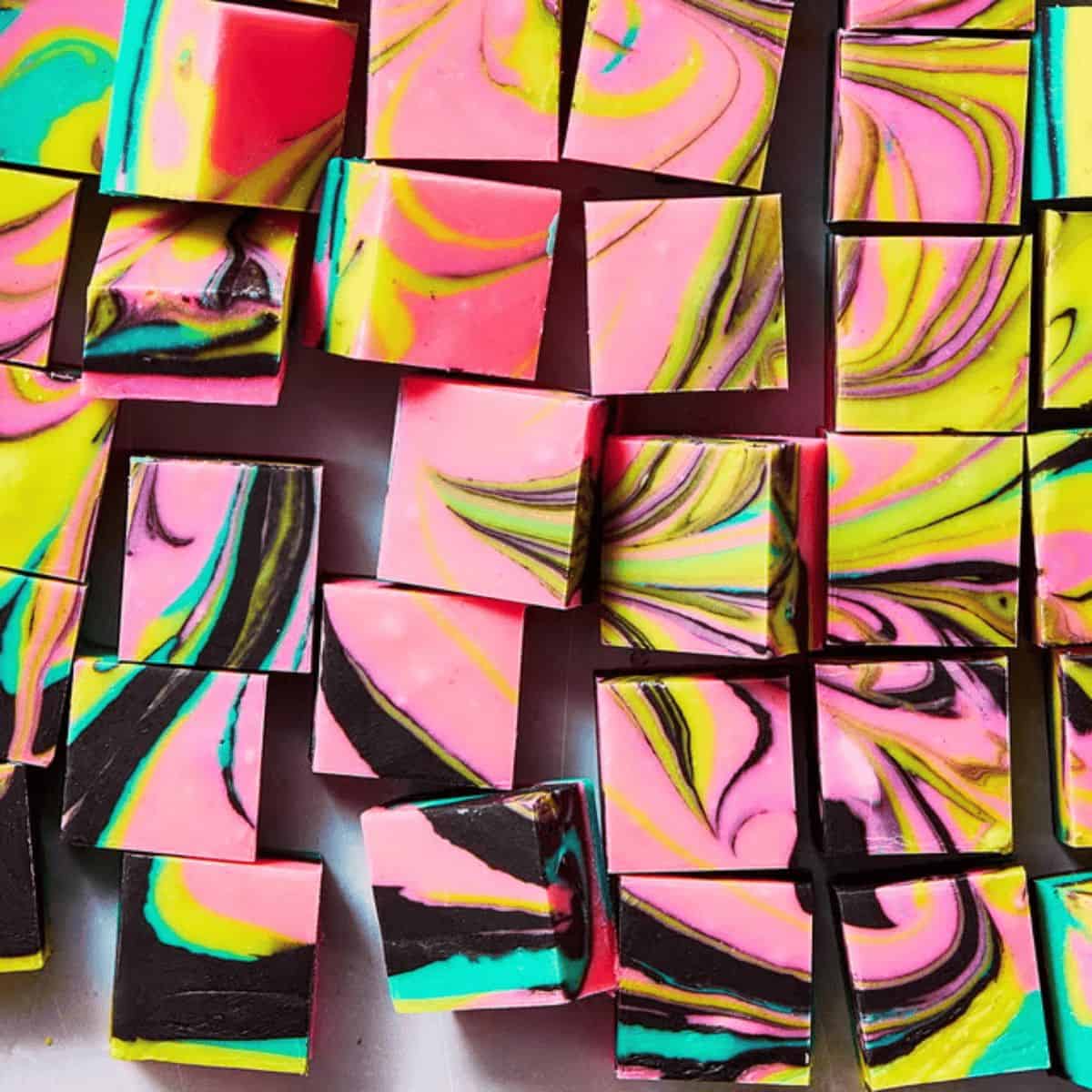 Artful looking fudge pieces representing Sally Skellington’s patchwork dress.
