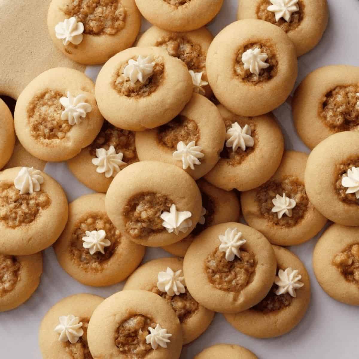 These cookies feature a buttery, flaky crust filled with a gooey, caramel-like pecan filling, topped with crunchy pecans for added texture.