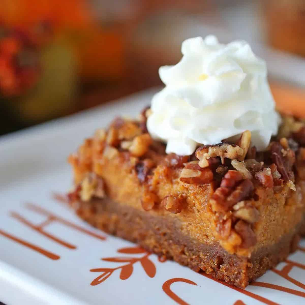 A chewy yet crunchy treat with pecan pumpkin pie bars.