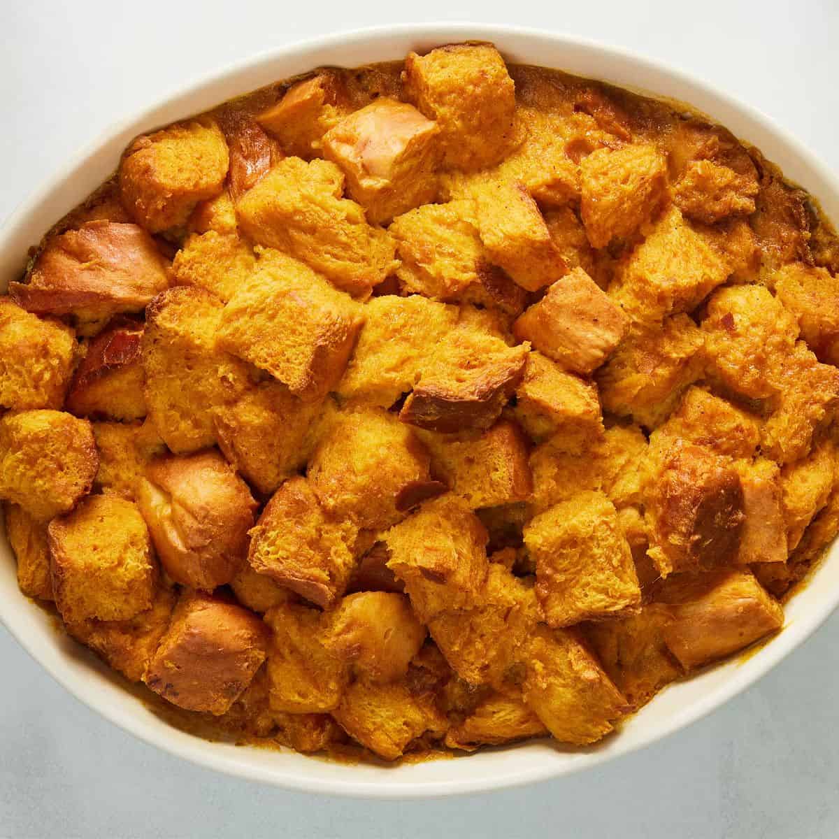 A yummy treat with pumpkin bread pudding.