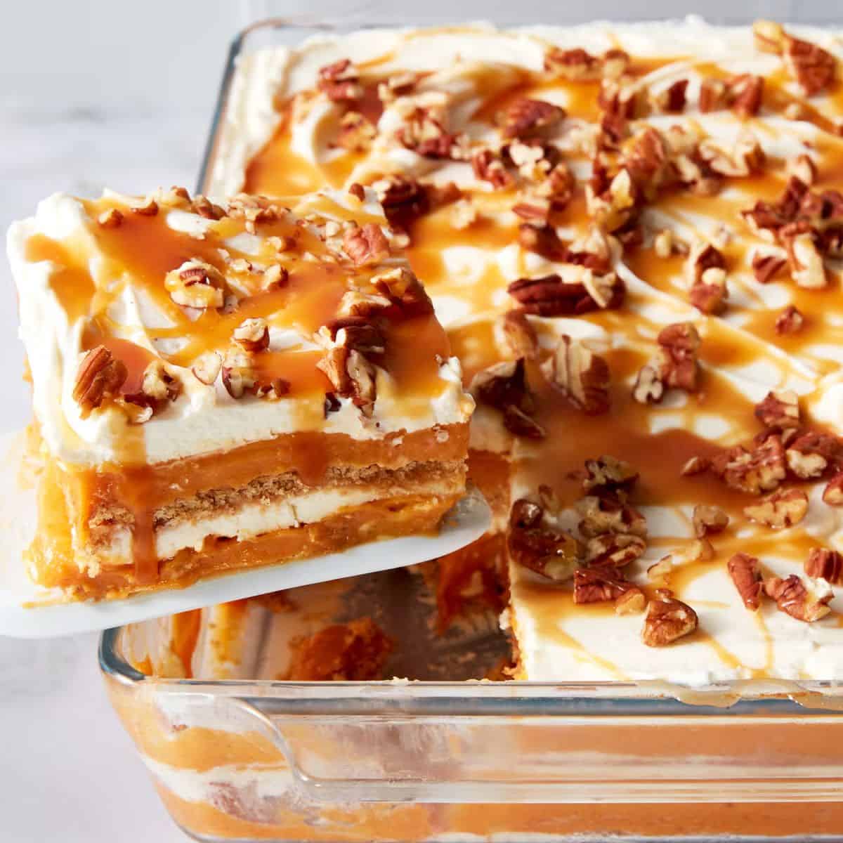 A unique yet appetizing pumpkin cheesecake lasagna.