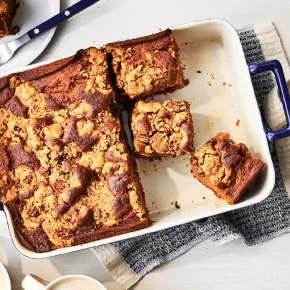 Pumpkin-pecan coffee cake, featuring a moist pumpkin base topped with a crunchy pecan layer.
