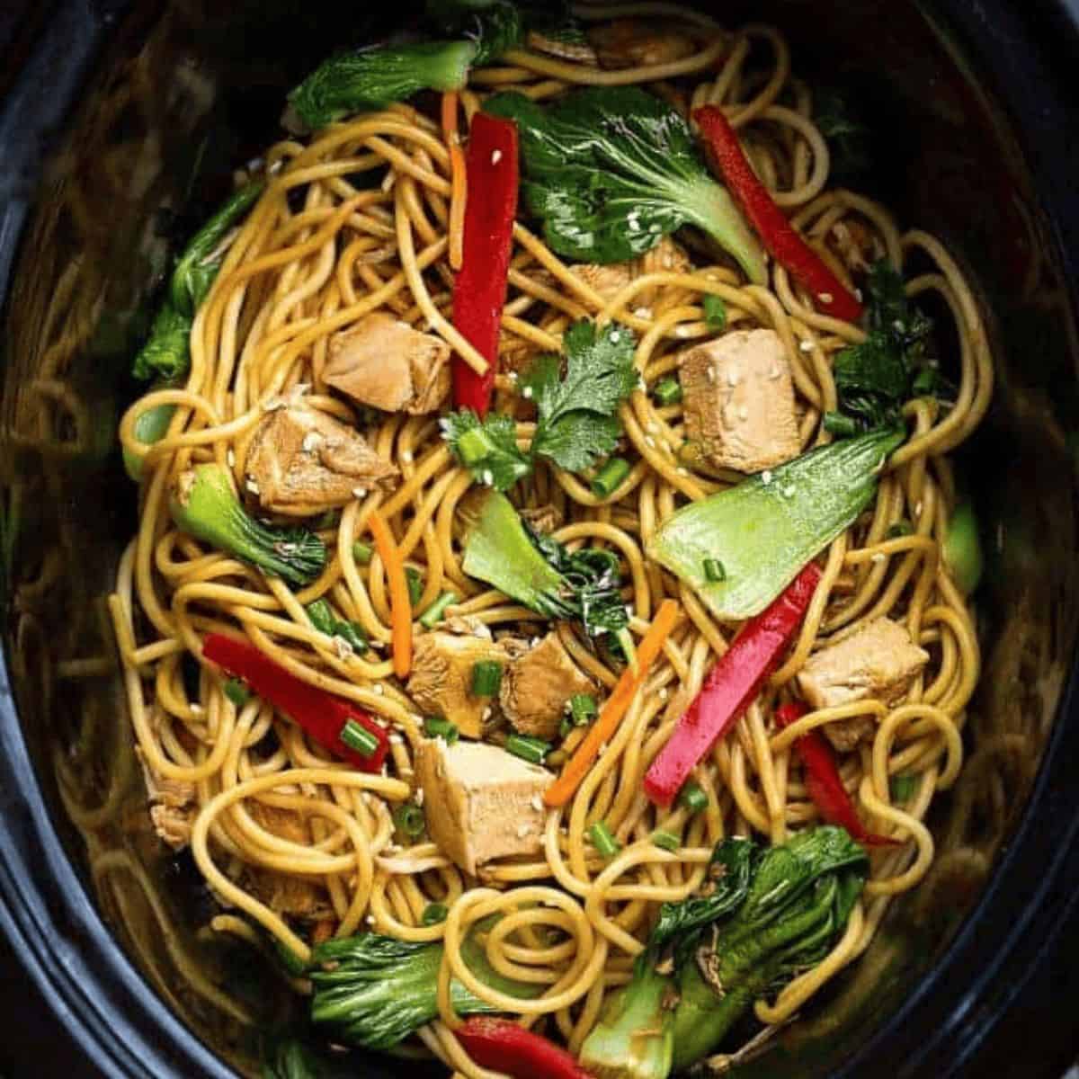 A scrumptious dinner featuring slow cooker chicken lo mein.