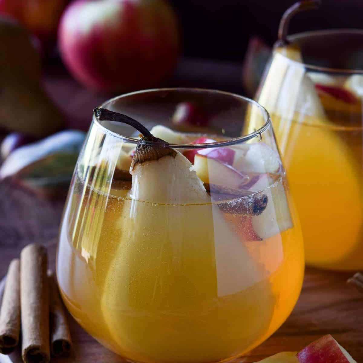 A yummy drink with spiced apple and pear white sangria.