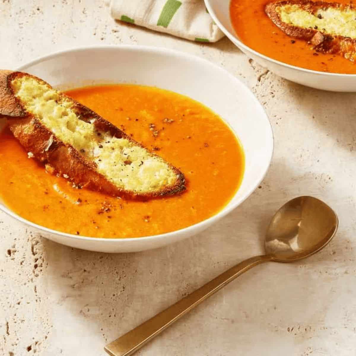 A delicious tomato soup with parmesan crostini. 