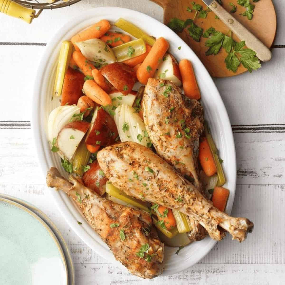 A yummy dinner with slow cooker turkey leg pot roast.