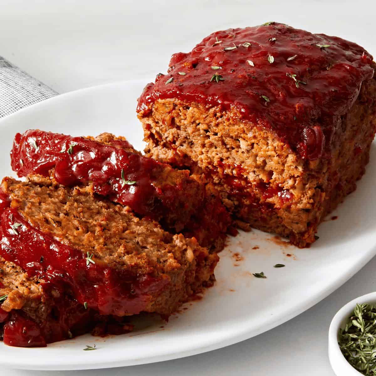 BBQ-Glazed Meatloaf on a white oval plate cut into slices.