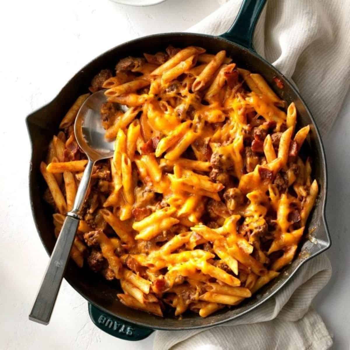 A cozy treat with bacon cheeseburger pasta. 