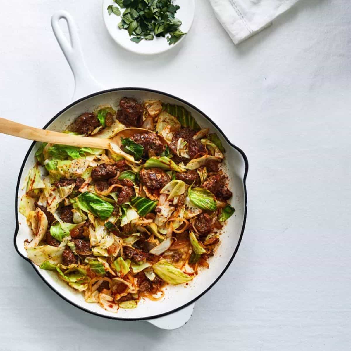 A delicious meal featuring beef and cabbage skillet supper. 