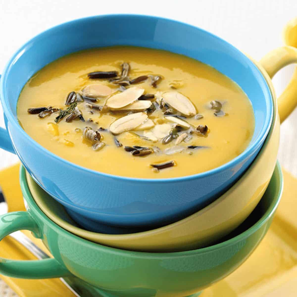 A yummy treat with butternut squash and apple juice with wild rice soup.