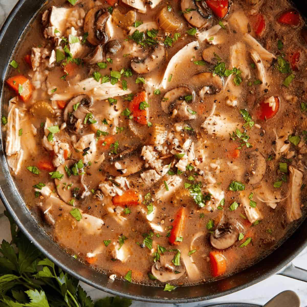 A comforting delight with chicken wild rice soup.