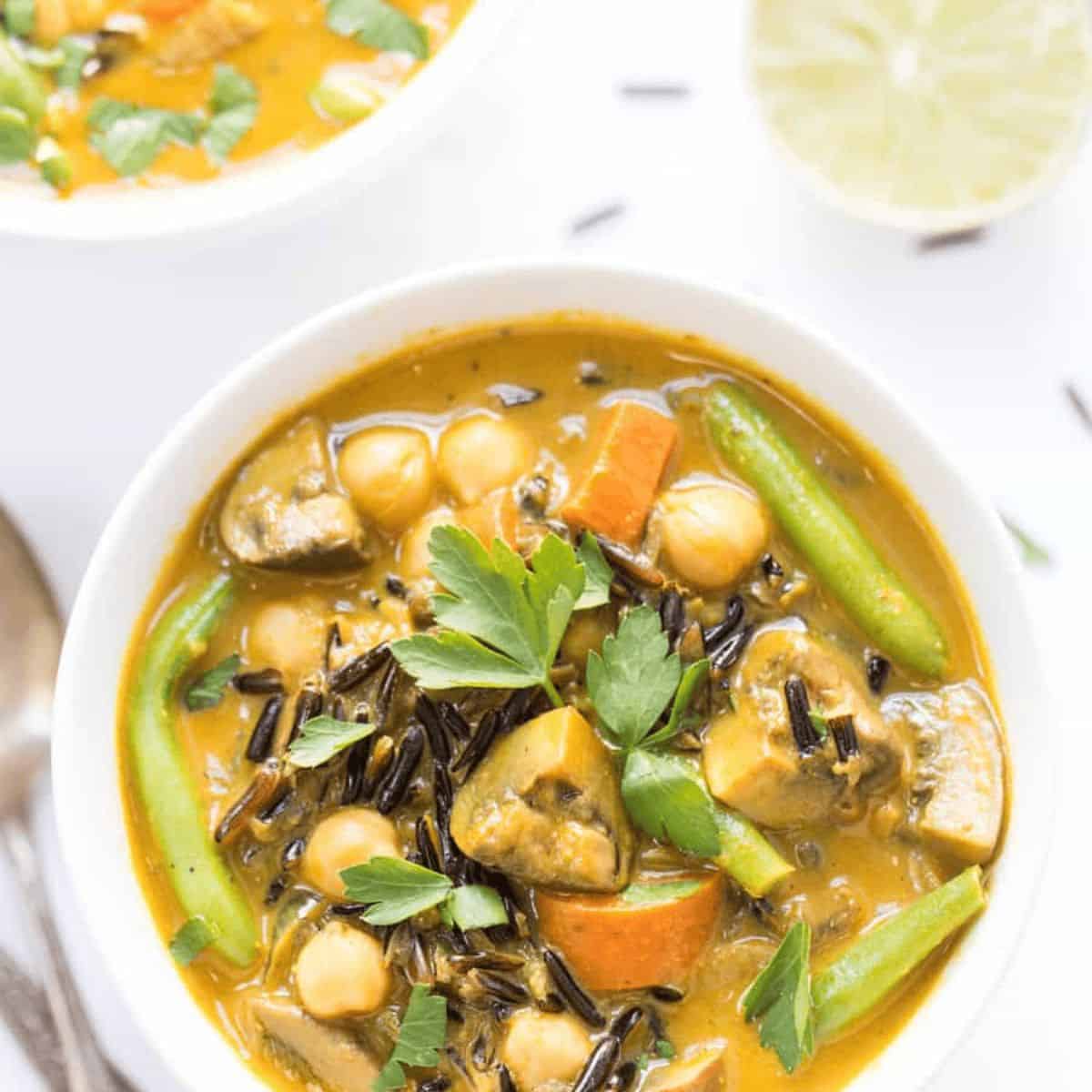 A yummy treat with creamy coconut and tumeric wild rice soup.