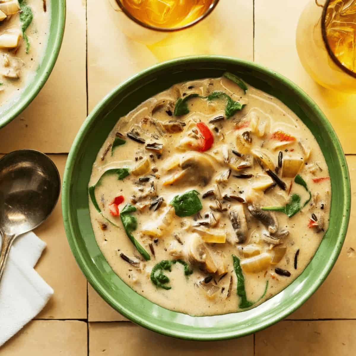 A comforting delight with creamy mushroom and spinach soup with wild rice soup.