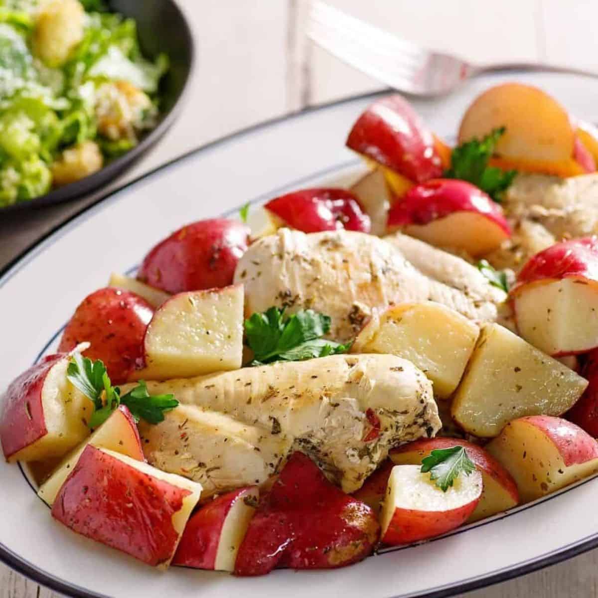 A yummy treat with slow cooker chicken and potatoes. 