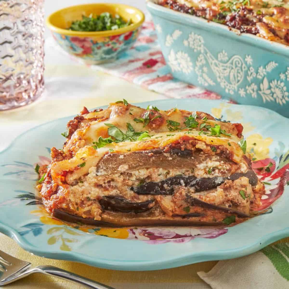 A delicious meal featuring eggplant lasagna. 