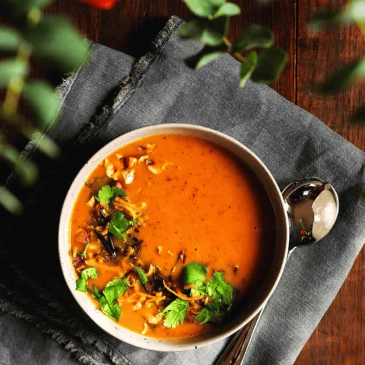 A yummy wild rice soup featuring ginger carrot and wild rice soup.
