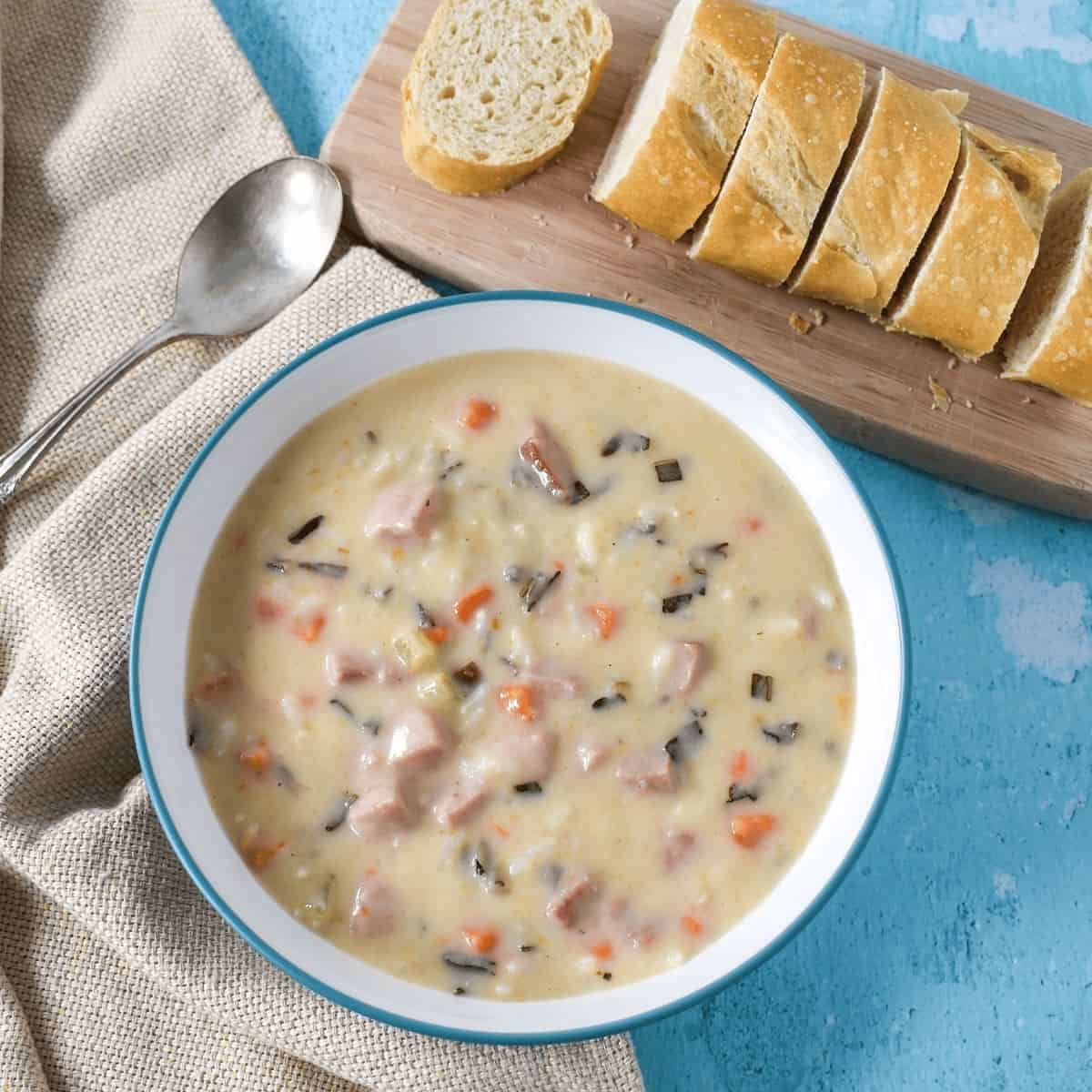 A comforting delight with ham wild rice soup.