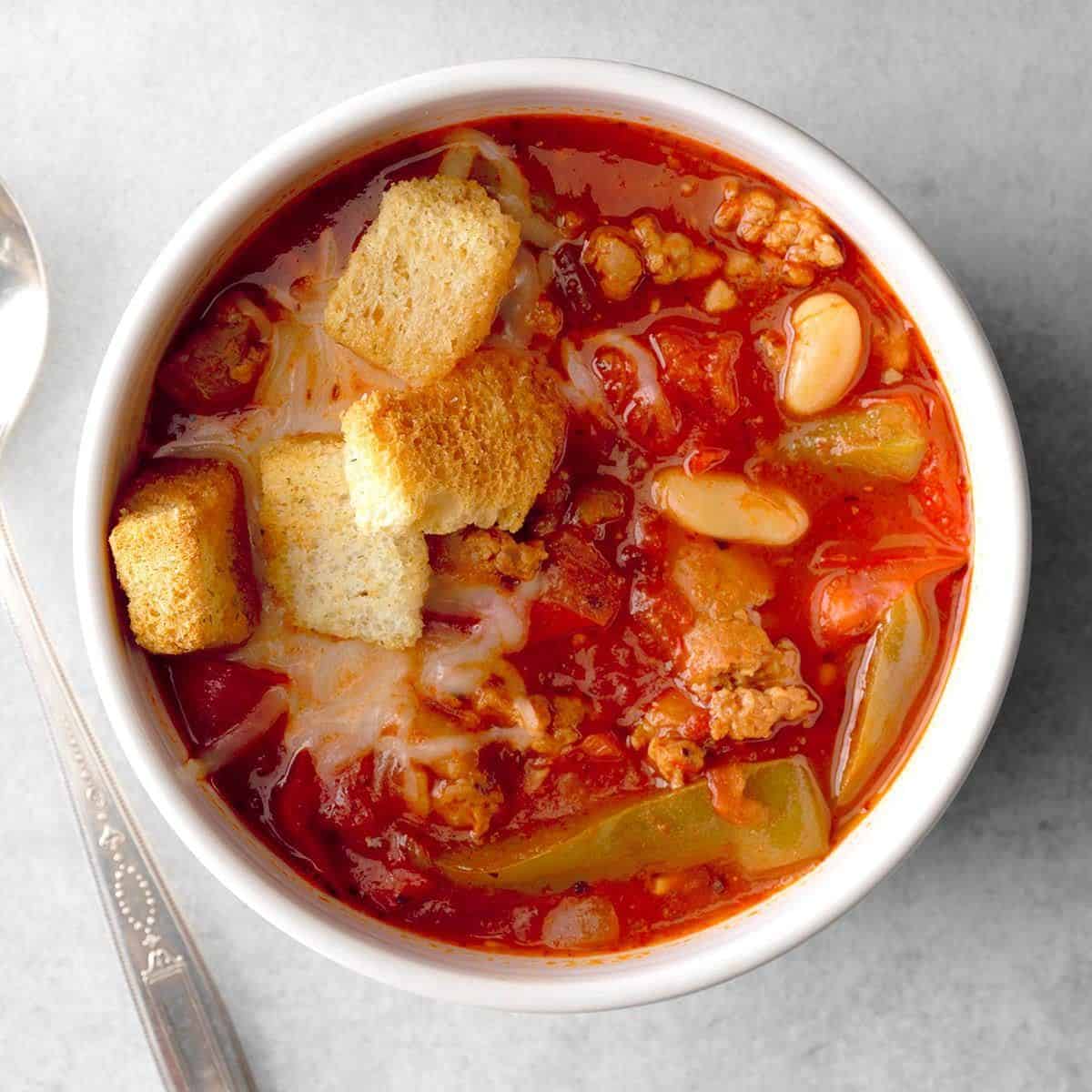 A yummy treat with Italian sausage pizza soup. 